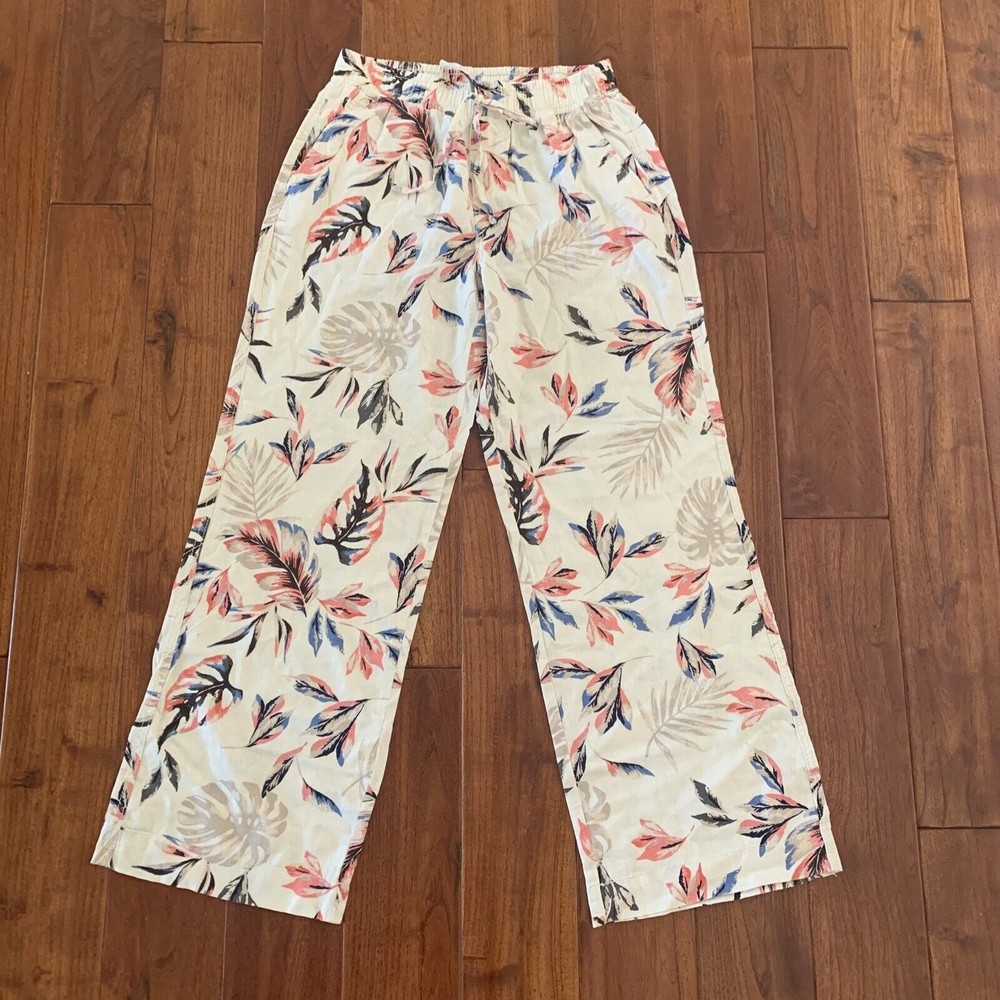Briggs Pants Size M (8/10) Linen Pull-on Tropical Floral Elastic Waist Wide Leg